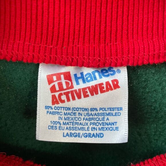 Vintage 90s Hanes Activewear Collared Sweatshirt Cardinal Bunny Snow Green Red L - Picture 3 of 10
